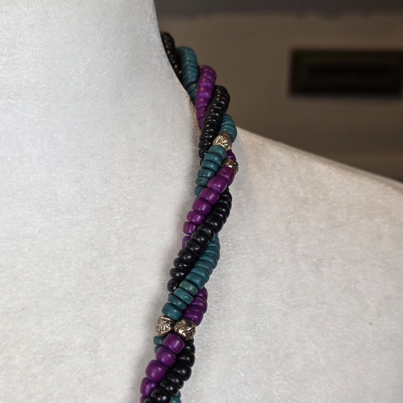 Vintage Chunky Twisted Beaded Necklace Teal Purple Black Multi-Strand Statement - Picture 5 of 10